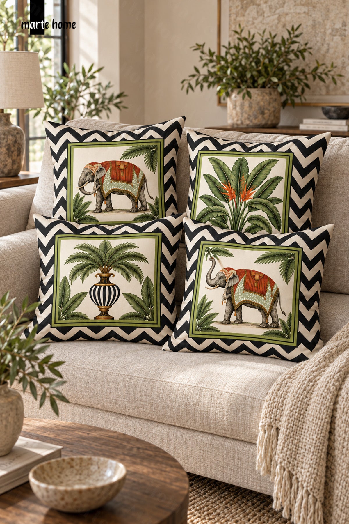 JUNGLE - RENKLİ ÇİFT TARAF BASKILI 4'LÜ KIRLENT KILIFI SETİ - 43x43 CM