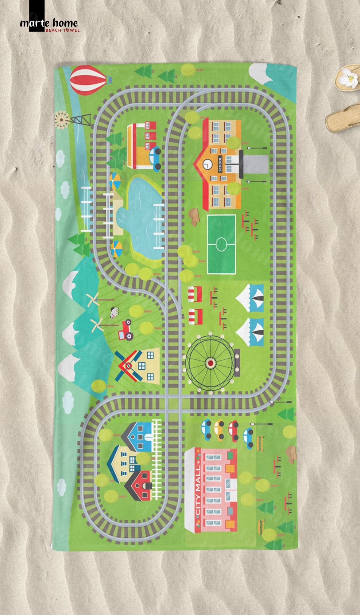 TREN - ÇOCUK DESENLİ DİJİTAL BASKILI RENKLİ PLAJ HAVLUSU