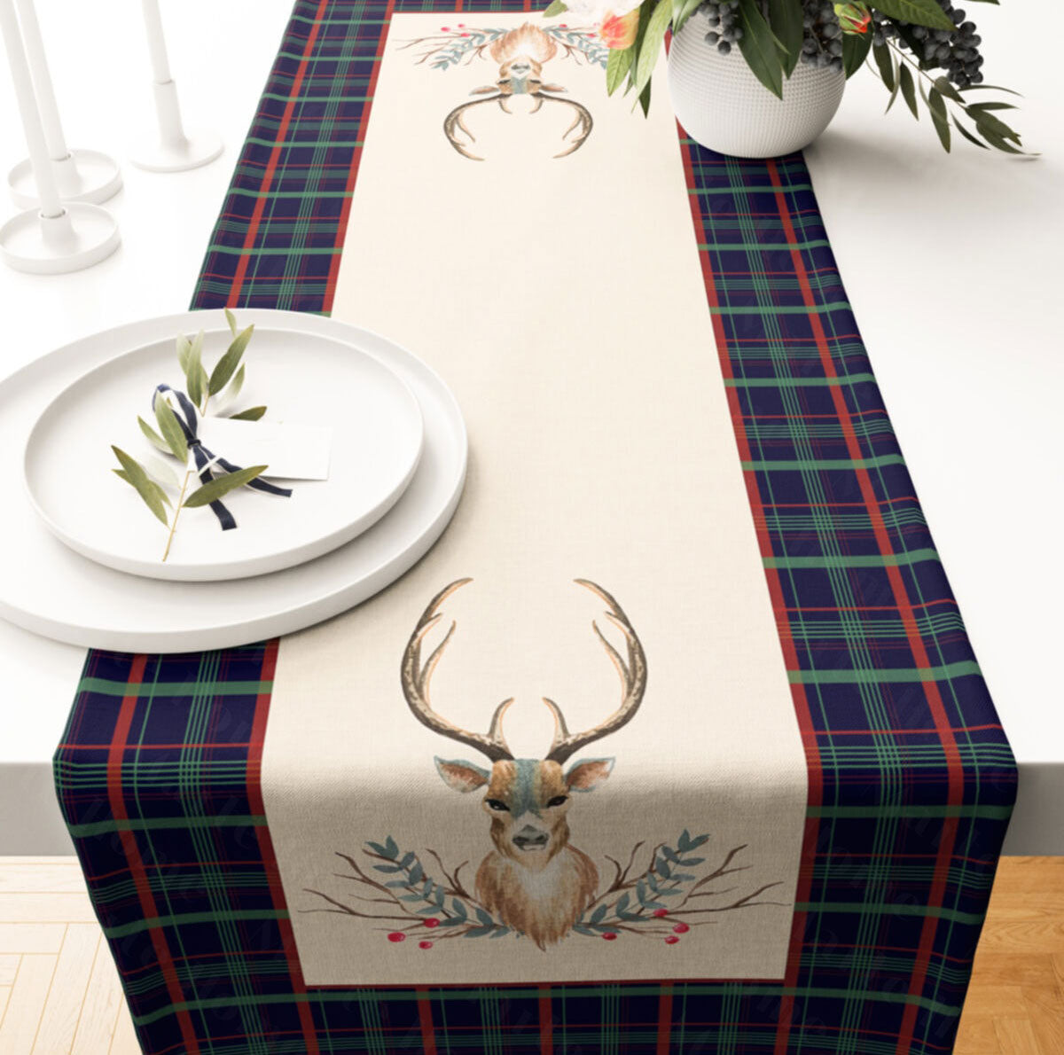 Yılbaşı & Christmas Geyik Desen Baskılı Dekoratif Runner