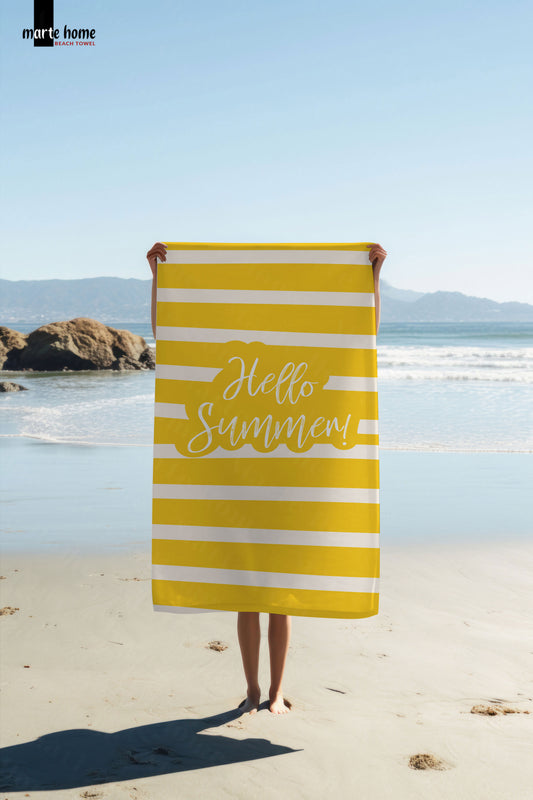 HELLO SUMMER - DESENLİ DİJİTAL BASKILI RENKLİ PLAJ HAVLUSU - SARI