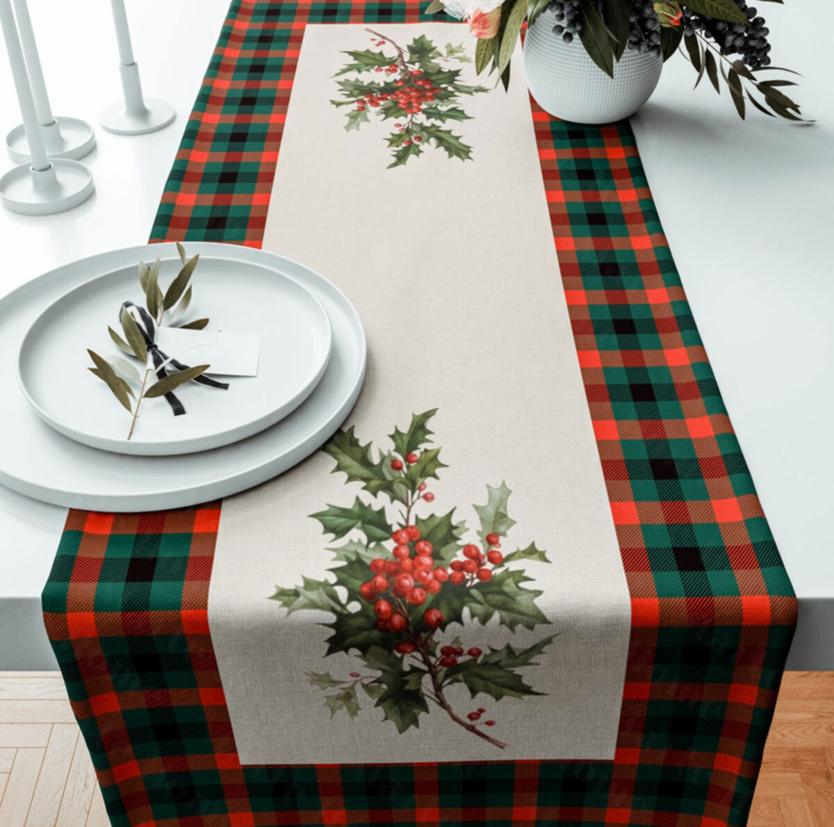 Yılbaşı & Christmas Kokina Desen Baskılı Dekoratif Runner