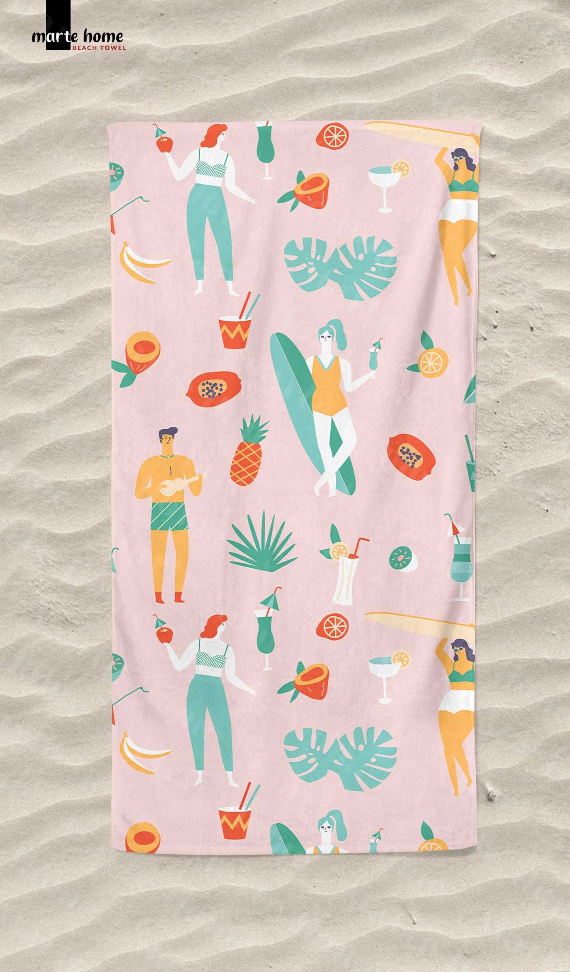 SUMMER TIMES - DESENLİ DİJİTAL BASKILI RENKLİ PLAJ HAVLUSU - PEMBE