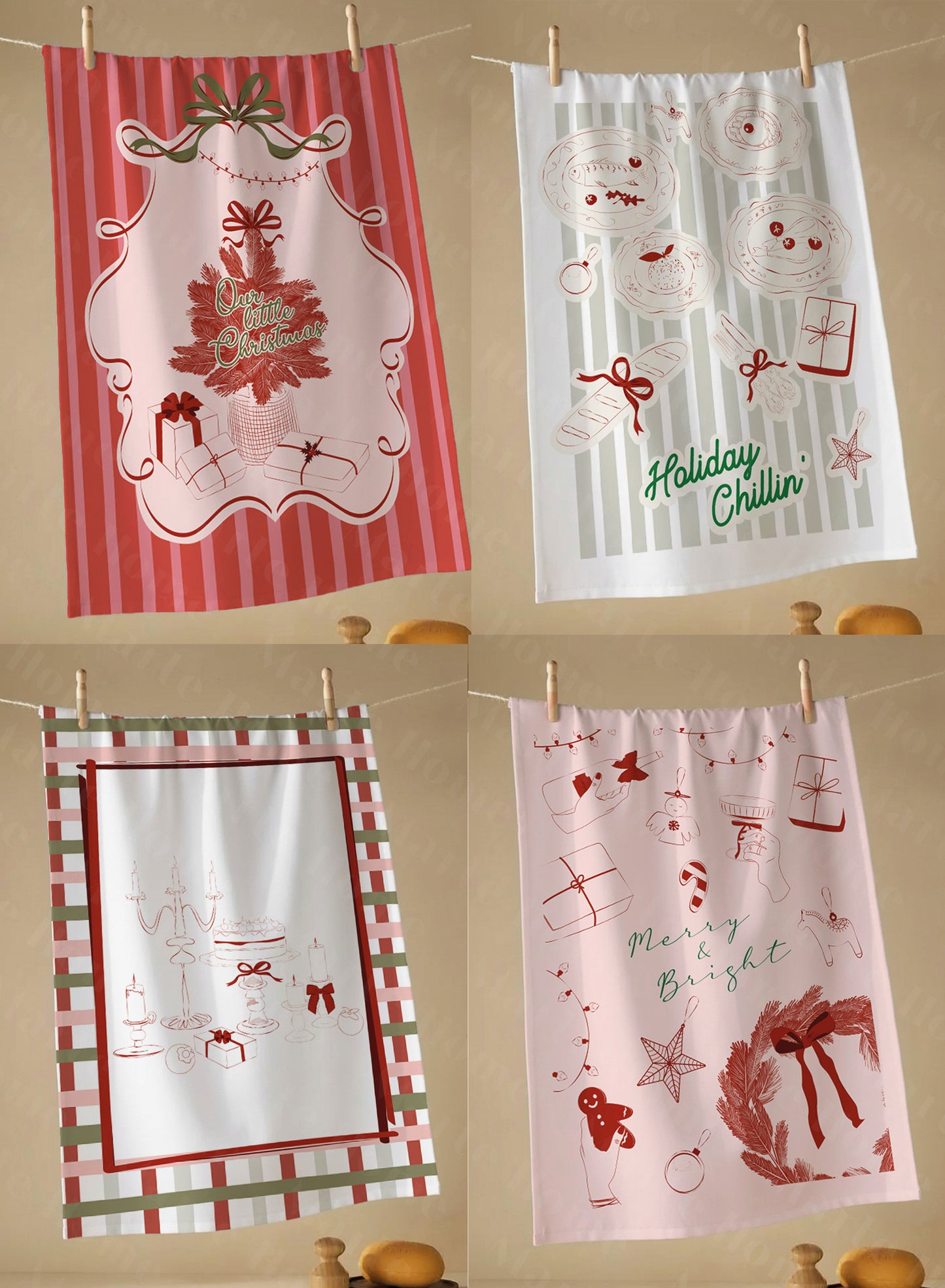 Yılbaşı & Christmas Desenli Tek Taraf Baskılı 4'lü Mutfak Havlusu Kurulama Bezi Seti 60x40 Cm