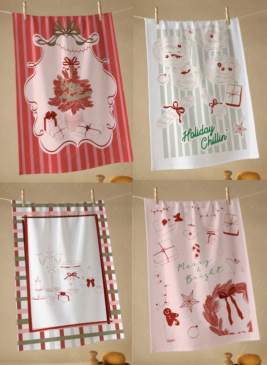 Yılbaşı & Christmas Desenli Tek Taraf Baskılı 4'lü Mutfak Havlusu Kurulama Bezi Seti 60x40 Cm