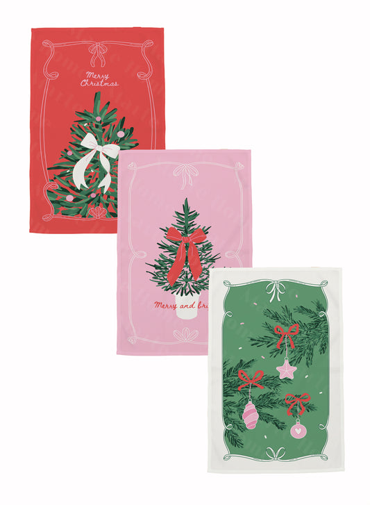 Yılbaşı &amp; Christmas Desenli Tek Taraf Baskılı 3'lü Mutfak Havlusu Kurulama Bezi Seti 60x40 Cm