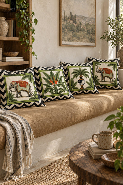JUNGLE - RENKLİ ÇİFT TARAF BASKILI 4'LÜ KIRLENT KILIFI SETİ - 43x43 CM