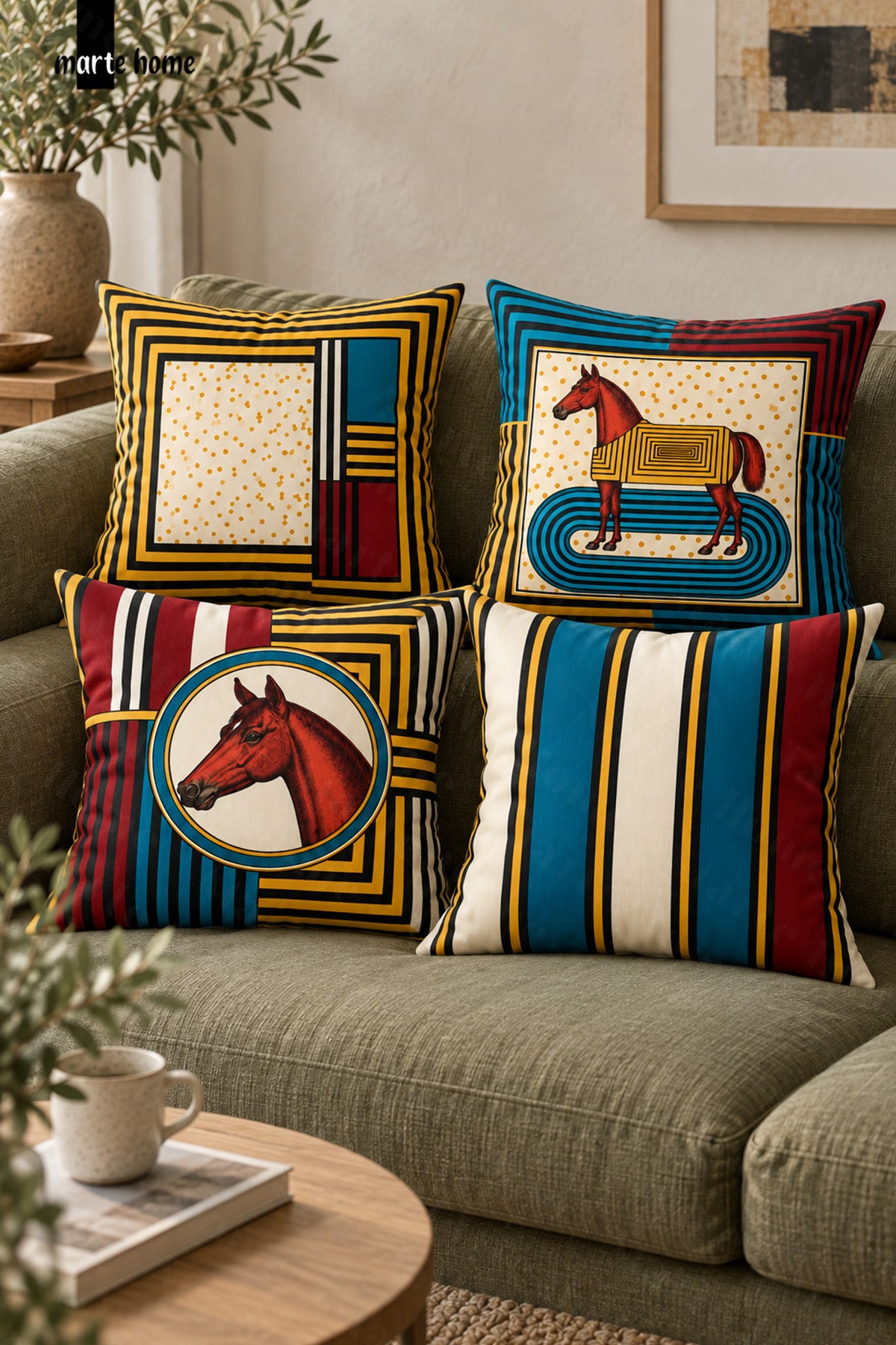 EQUEST - RENKLİ ÇİFT TARAF BASKILI 4'LÜ KIRLENT KILIFI SETİ - 43x43 CM