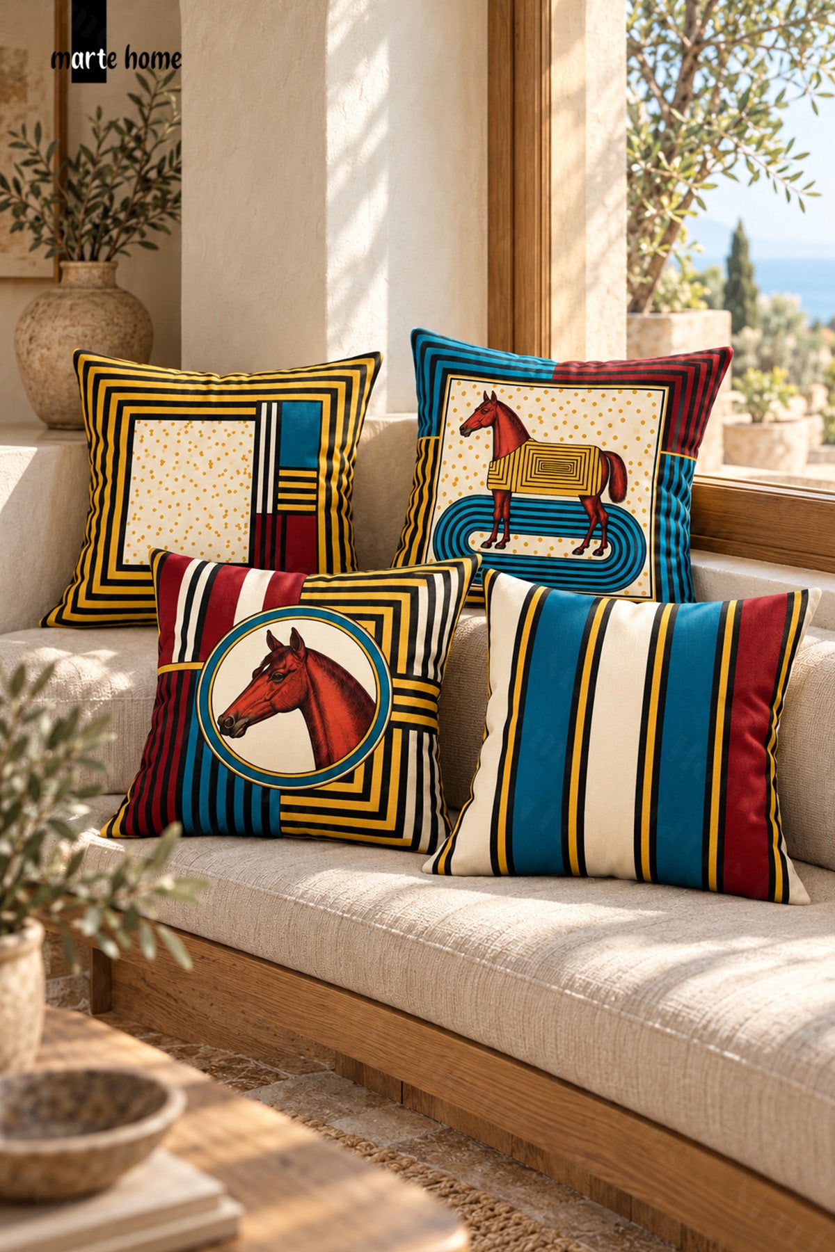 EQUEST - RENKLİ ÇİFT TARAF BASKILI 4'LÜ KIRLENT KILIFI SETİ - 43x43 CM