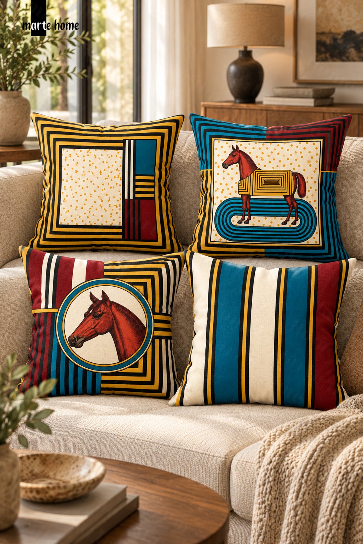 EQUEST - RENKLİ ÇİFT TARAF BASKILI 4'LÜ KIRLENT KILIFI SETİ - 43x43 CM