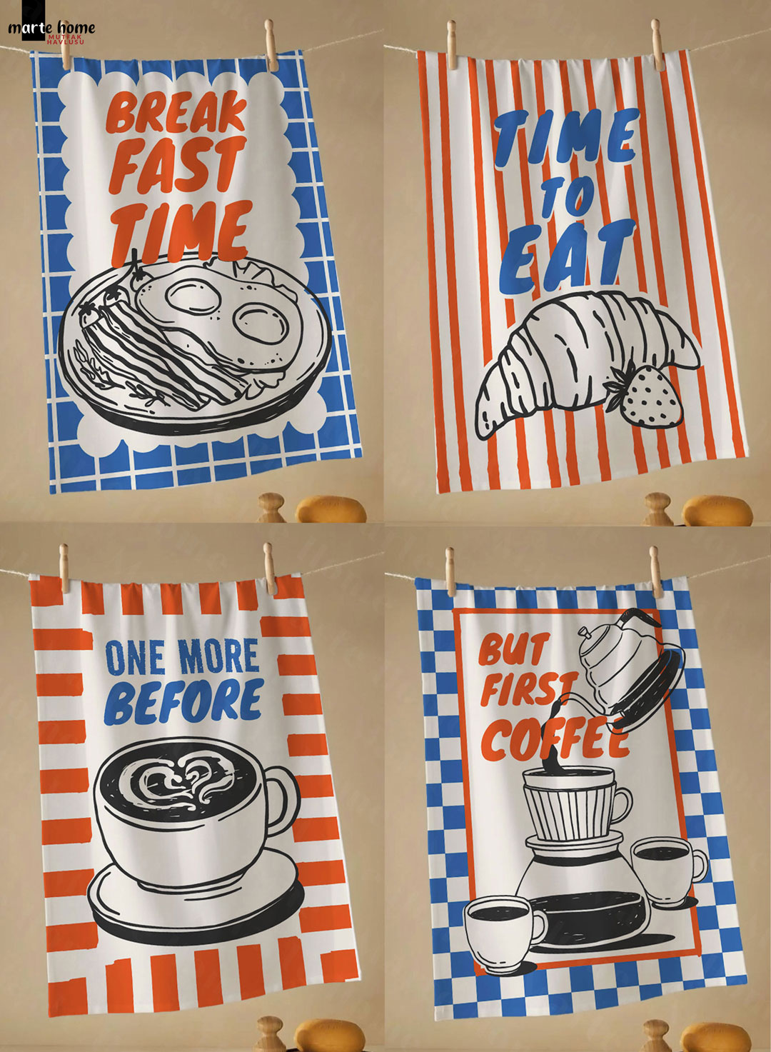 BREAKFAST CLUB - RENKLİ BASKILI 4'LÜ SET 40x60 MUTFAK HAVLUSU, KURULAMA BEZİ