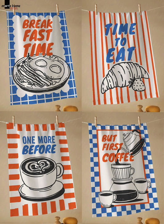 BREAKFAST CLUB - RENKLİ BASKILI 4'LÜ SET 40x60 MUTFAK HAVLUSU, KURULAMA BEZİ