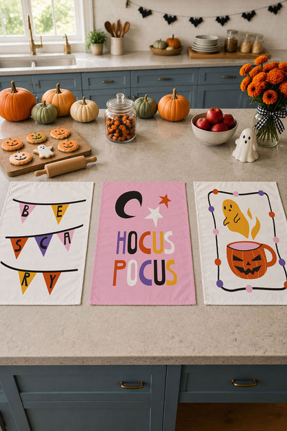 CADILAR BAYRAMI & HALLOWEEN 35X55 CM RENKLİ BASKILI 3'LÜ MUTFAK HAVLUSU, KURULAMA BEZİ SETİ