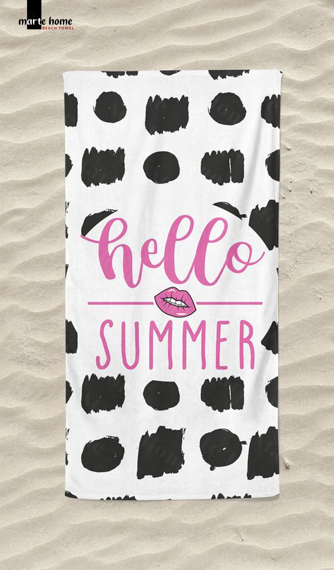 HELLO SUMMER  -  DESENLİ DİJİTAL BASKILI RENKLİ PLAJ HAVLUSU - PEMBE