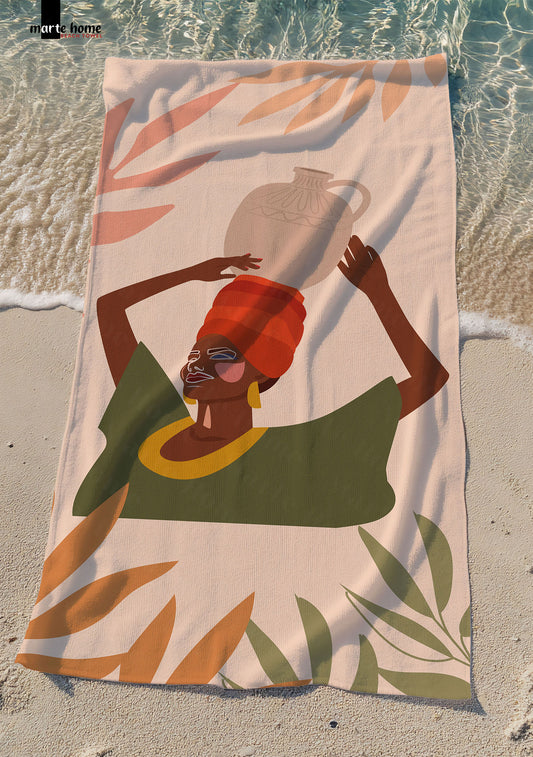 AFRICAN WOMEN - DESENLİ DİJİTAL BASKILI RENKLİ PLAJ HAVLUSU - KIRMIZI