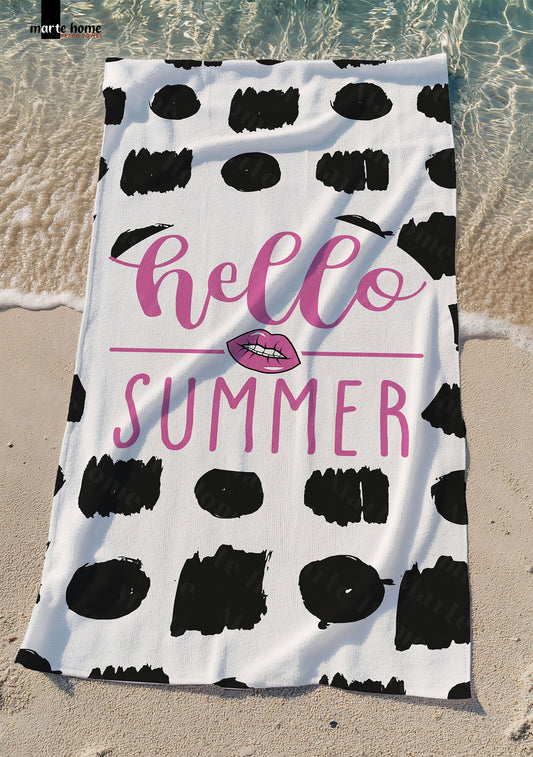 HELLO SUMMER  -  DESENLİ DİJİTAL BASKILI RENKLİ PLAJ HAVLUSU - PEMBE