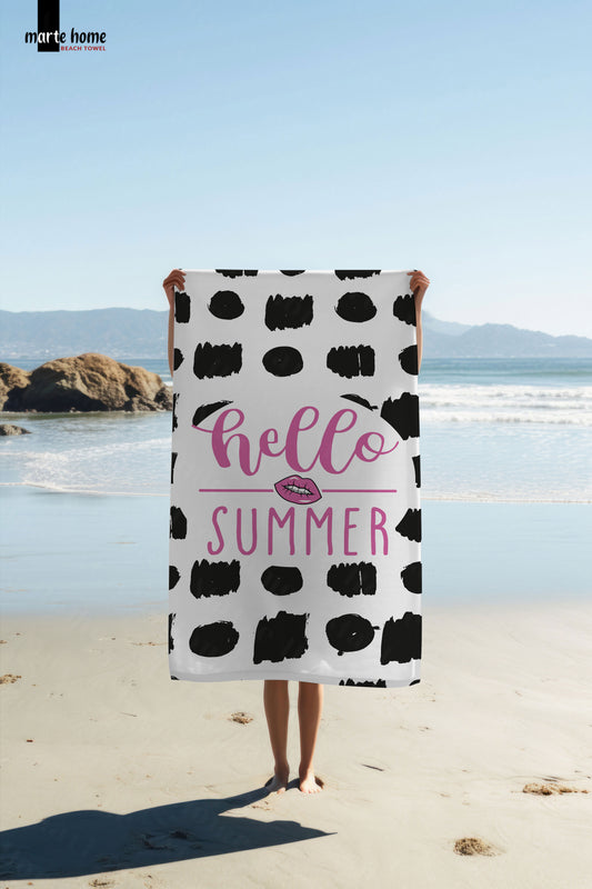 HELLO SUMMER  -  DESENLİ DİJİTAL BASKILI RENKLİ PLAJ HAVLUSU - PEMBE