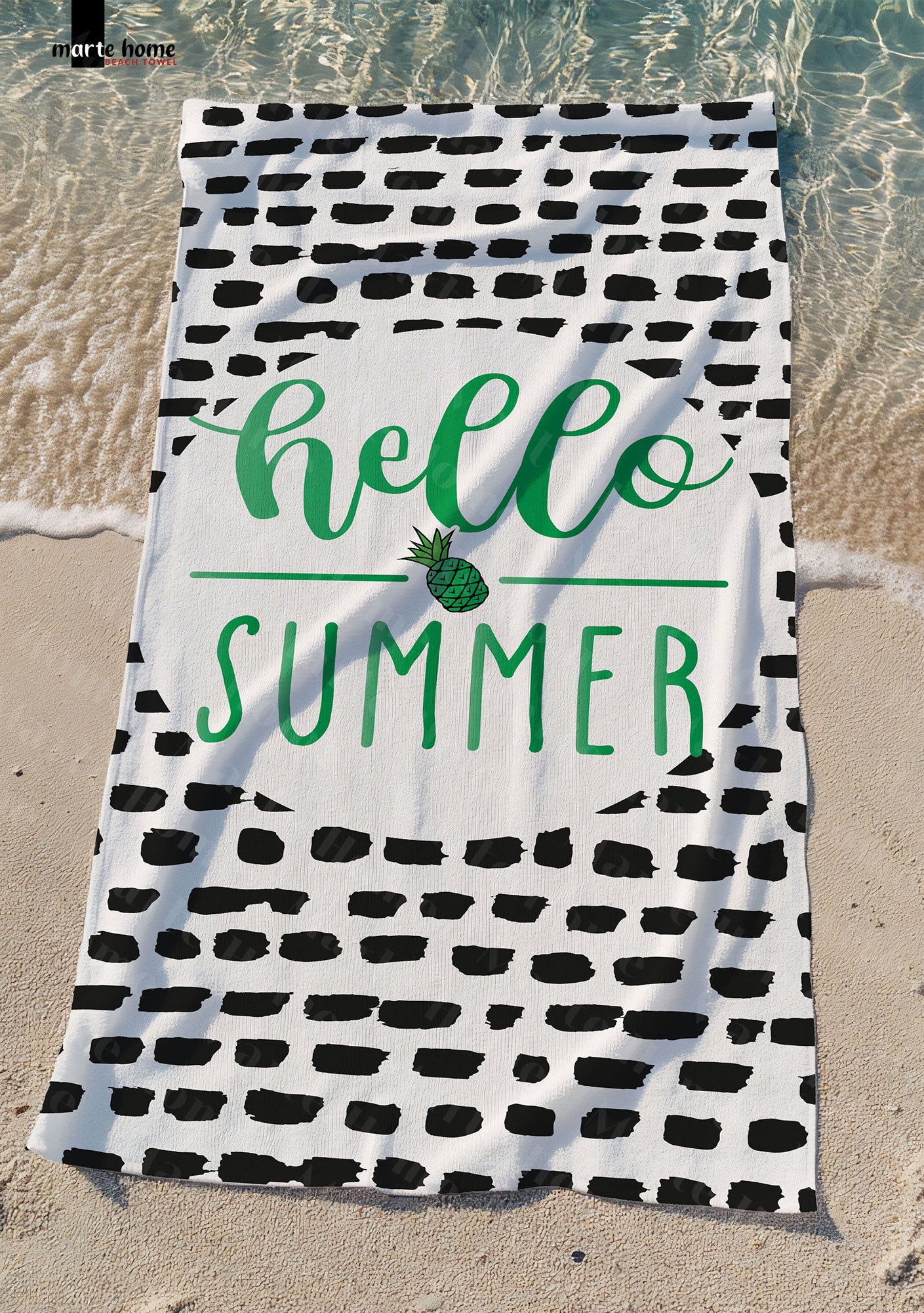 HELLO SUMMER  -  DESENLİ DİJİTAL BASKILI RENKLİ PLAJ HAVLUSU - YEŞİL