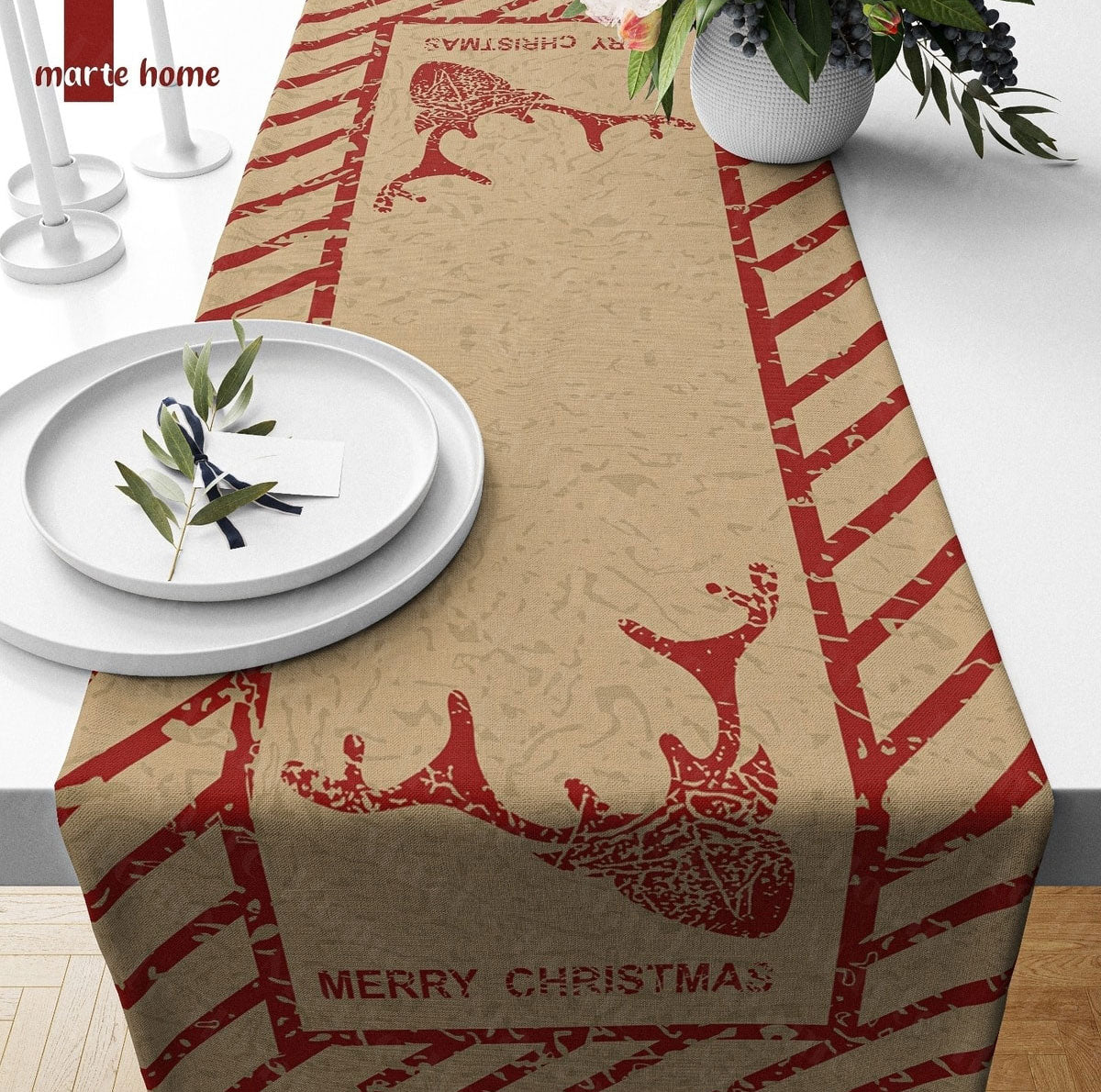 Yılbaşı & Christmas Geyik Desen Baskılı Dekoratif Runner