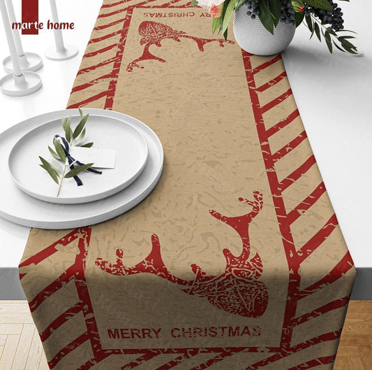 Yılbaşı & Christmas Geyik Desen Baskılı Dekoratif Runner