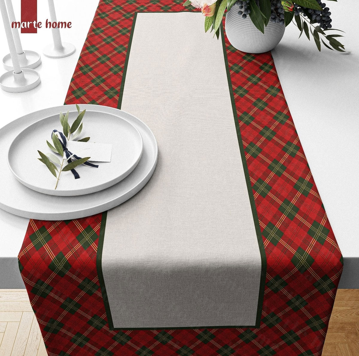 Yılbaşı & Christmas Ekose Desen Baskılı Dekoratif Runner