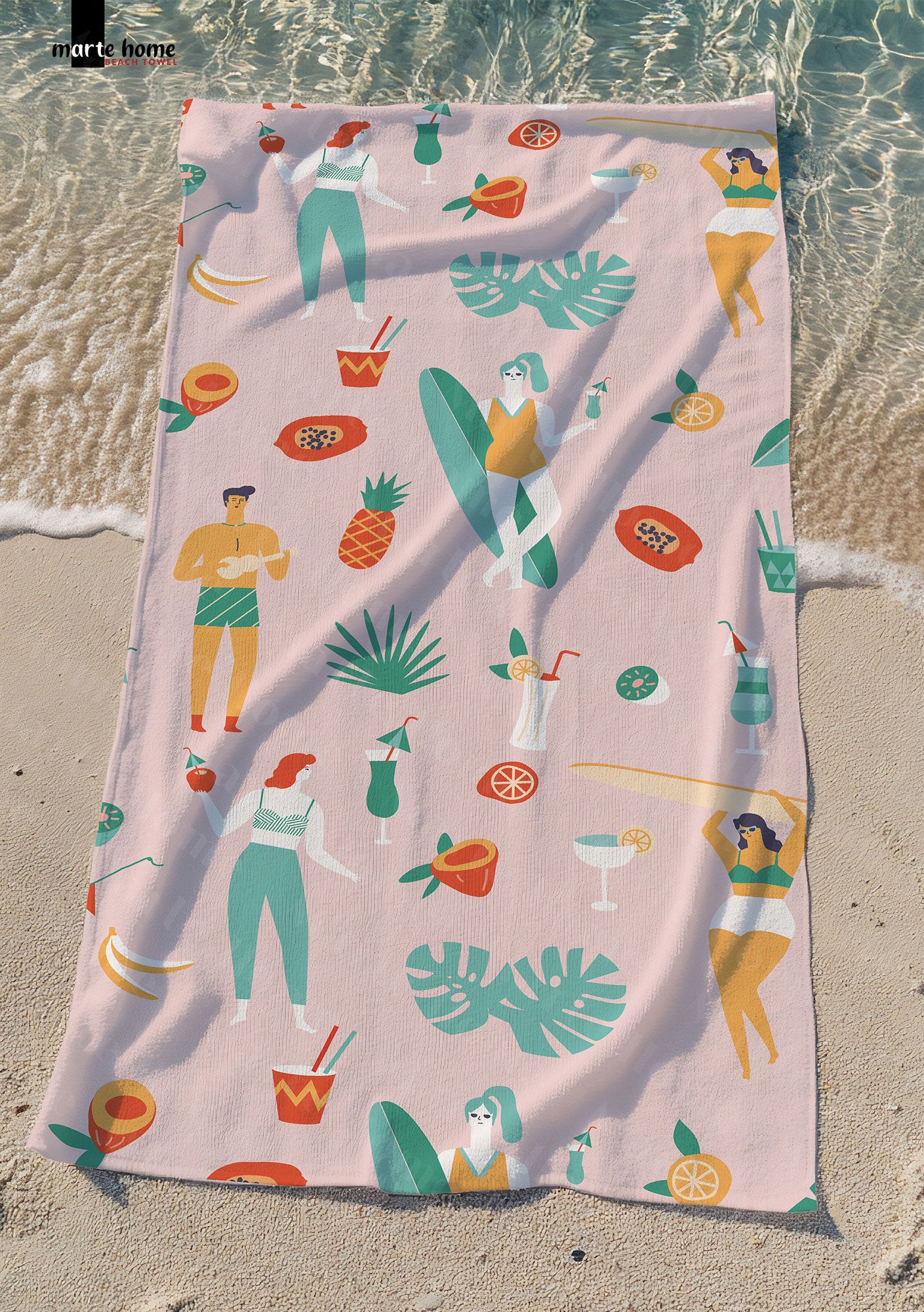SUMMER TIMES  - DESENLİ DİJİTAL BASKILI RENKLİ PLAJ HAVLUSU - PEMBE