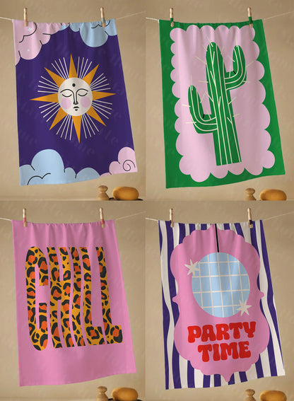 PARTY TIME - MARTE HOME RENKLİ BASKILI 4'LÜ SET 40x60 MUTFAK HAVLUSU, KURULAMA BEZİ