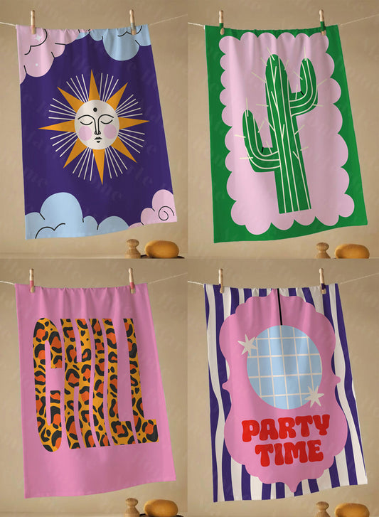 PARTY TIME - MARTE HOME RENKLİ BASKILI 4'LÜ SET 40x60 MUTFAK HAVLUSU, KURULAMA BEZİ
